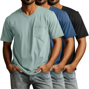 Ficerd 3 Pack Men's V Neck T Shirts Short Sleeve Plus Size Tee Loose Casual Top Cotton Basic Oversized Shirts with Pocket