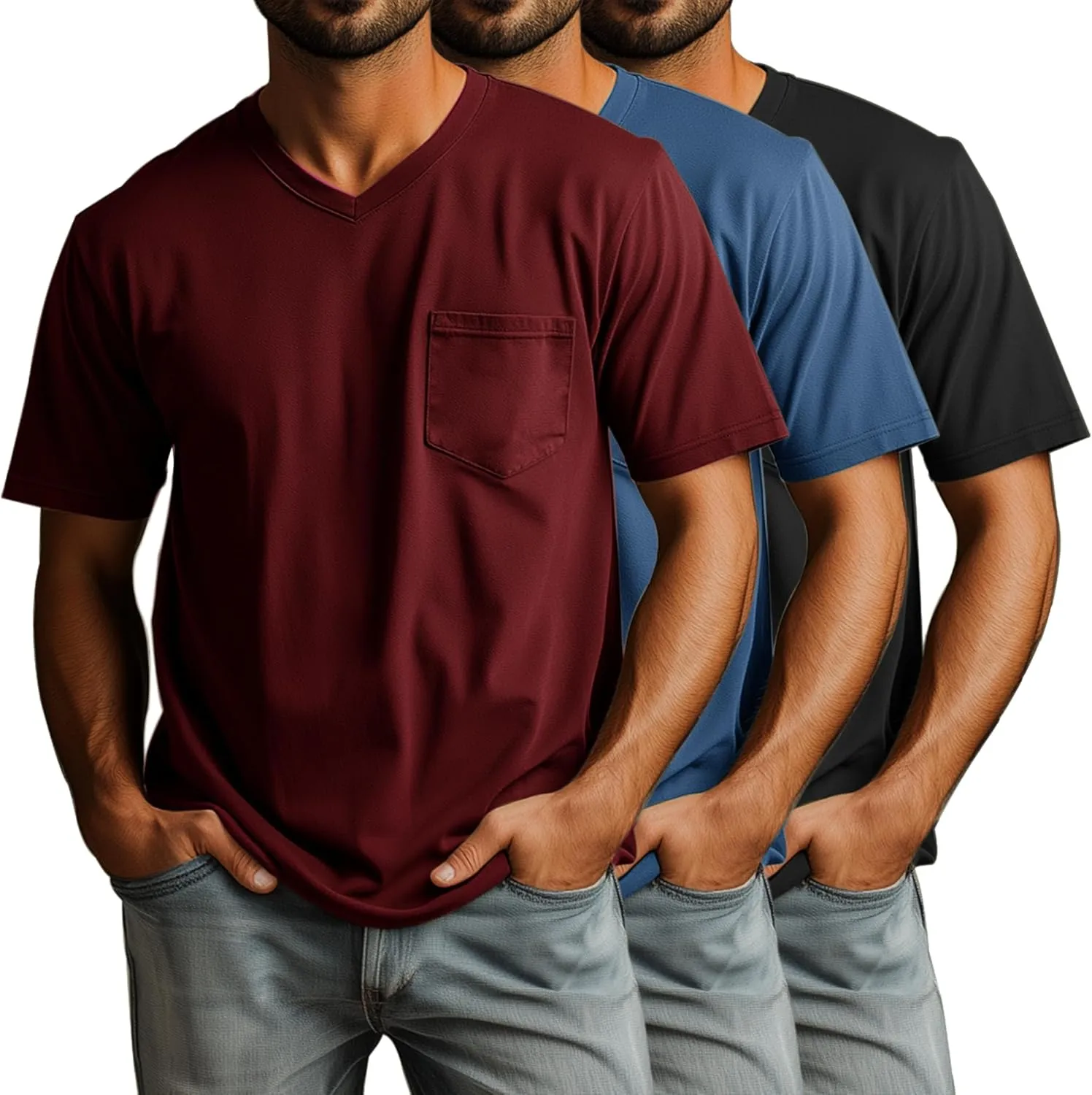Ficerd 3 Pack Men's V Neck T Shirts Short Sleeve Plus Size Tee Loose Casual Top Cotton Basic Oversized Shirts with Pocket