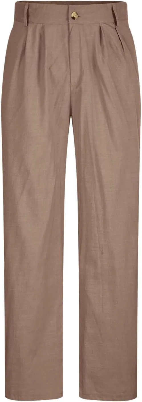 Finelylove Cotton Linen Pants Men Straight Leg Pleated Work Dress Pants Relaxed Fit Casual Leisure Chino Trousers