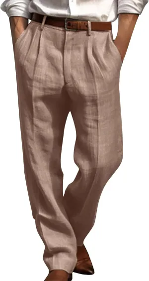Finelylove Cotton Linen Pants Men Straight Leg Pleated Work Dress Pants Relaxed Fit Casual Leisure Chino Trousers