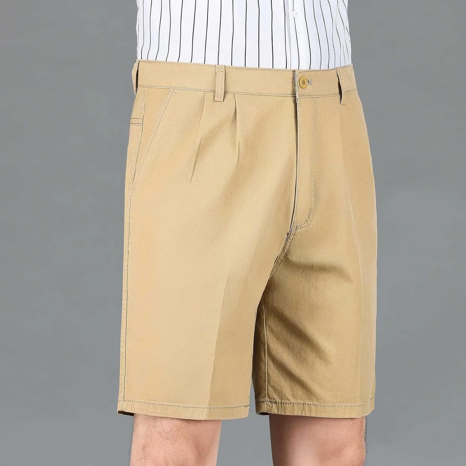 Finelylove Mens Dress Shorts Summer Pleated Front Cotton Twill Chino Golf Shorts Business Casual Work Shorts with Pockets