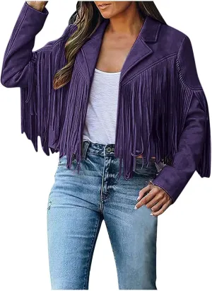 Firzero Tassels Coat Women Faux Suede Jacket Long Sleeve Fringe Jackets Motorcycle Moto Biker Short Open Front Cardigan 2024