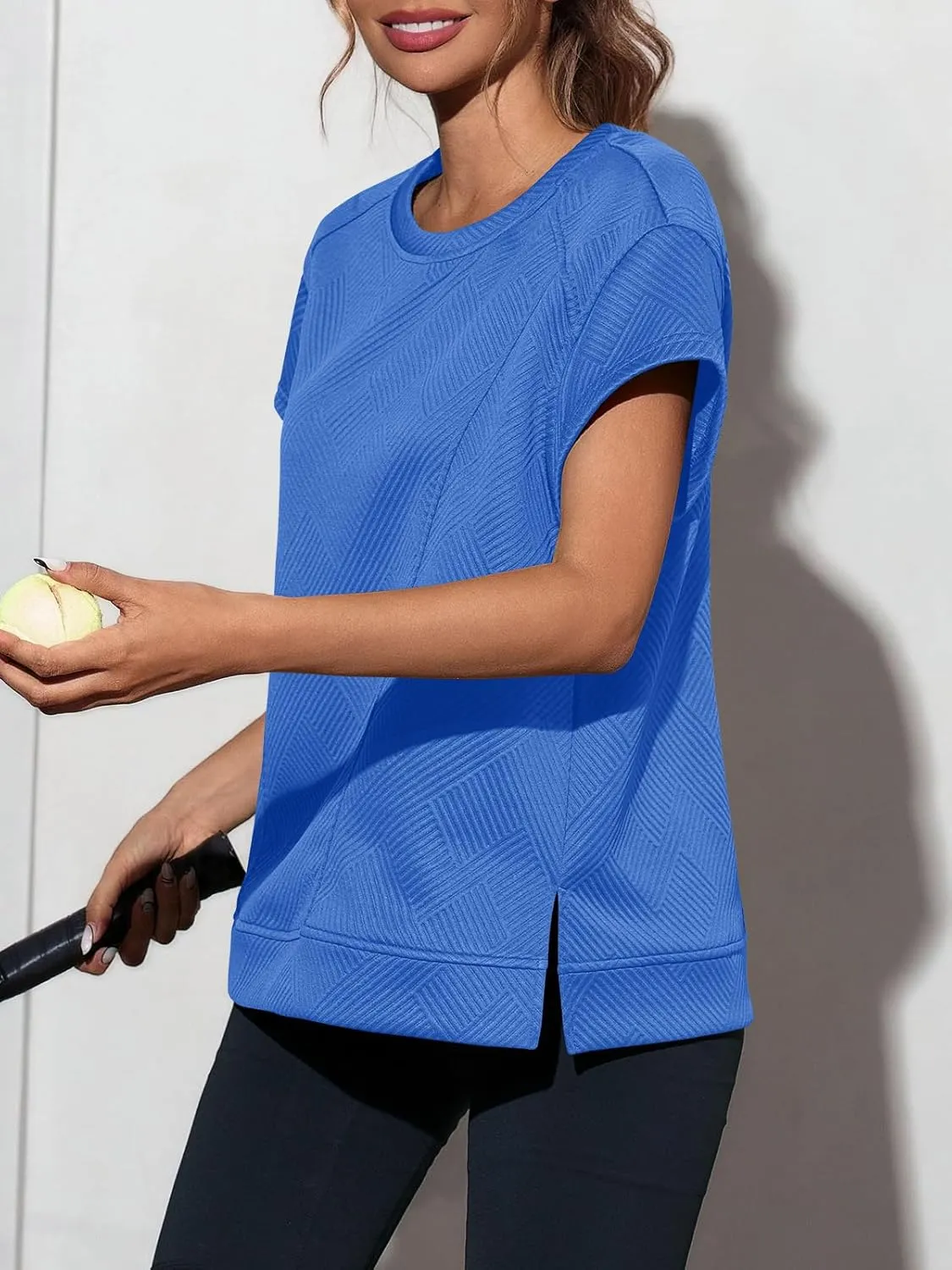 Fisoew Women's Oversized Sweatshirt Casual Textured Short Cap Sleeve Crewneck Loose Workout Summer Tops