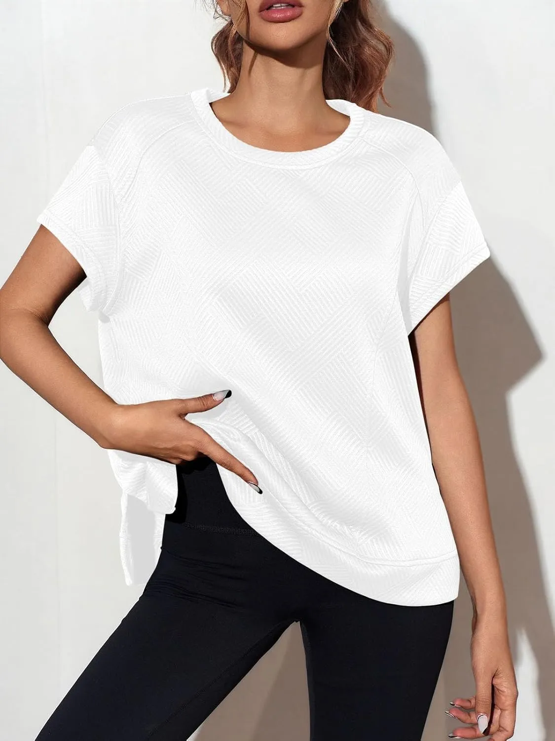 Fisoew Women's Oversized Sweatshirt Casual Textured Short Cap Sleeve Crewneck Loose Workout Summer Tops