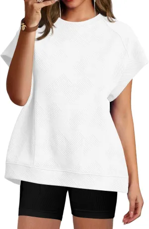 Fisoew Women's Oversized Sweatshirt Casual Textured Short Cap Sleeve Crewneck Loose Workout Summer Tops