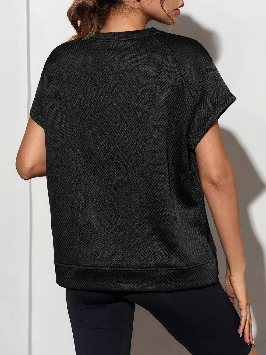 Fisoew Women's Oversized Sweatshirt Casual Textured Short Cap Sleeve Crewneck Loose Workout Summer Tops