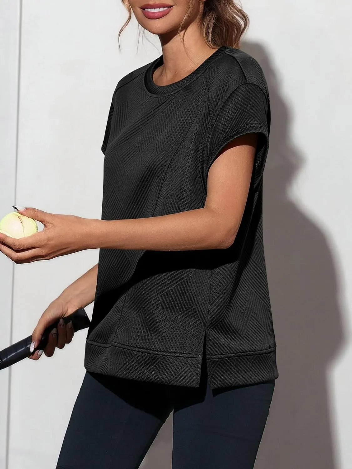 Fisoew Women's Oversized Sweatshirt Casual Textured Short Cap Sleeve Crewneck Loose Workout Summer Tops