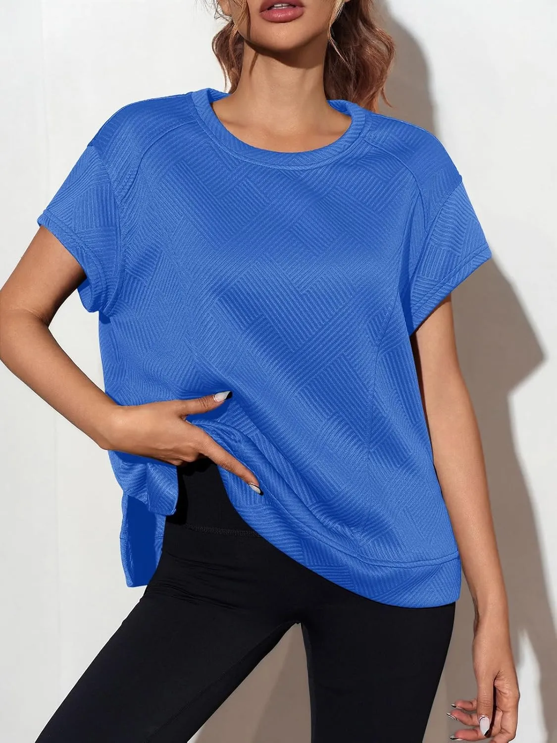 Fisoew Women's Oversized Sweatshirt Casual Textured Short Cap Sleeve Crewneck Loose Workout Summer Tops
