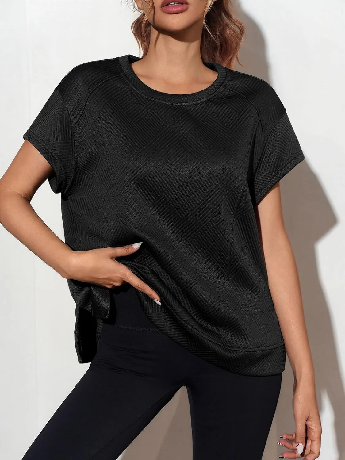Fisoew Women's Oversized Sweatshirt Casual Textured Short Cap Sleeve Crewneck Loose Workout Summer Tops