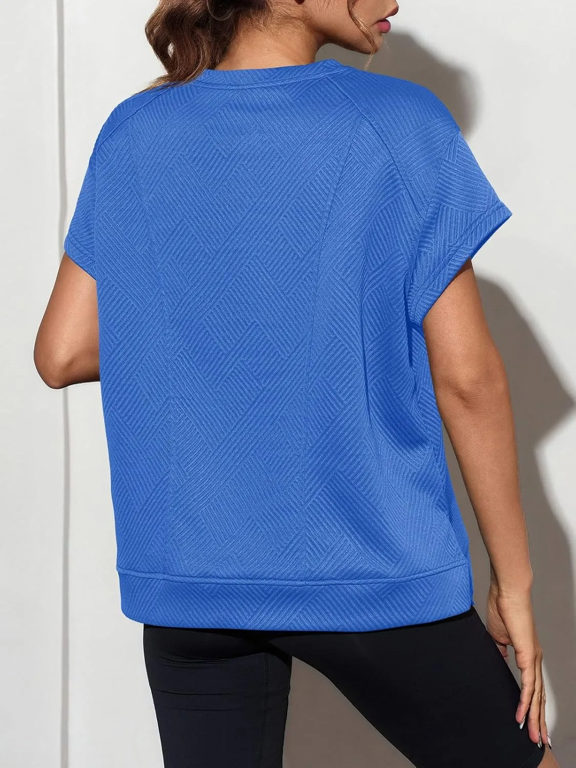 Fisoew Women's Oversized Sweatshirt Casual Textured Short Cap Sleeve Crewneck Loose Workout Summer Tops