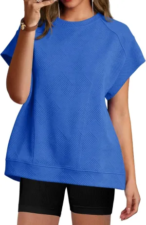 Fisoew Women's Oversized Sweatshirt Casual Textured Short Cap Sleeve Crewneck Loose Workout Summer Tops