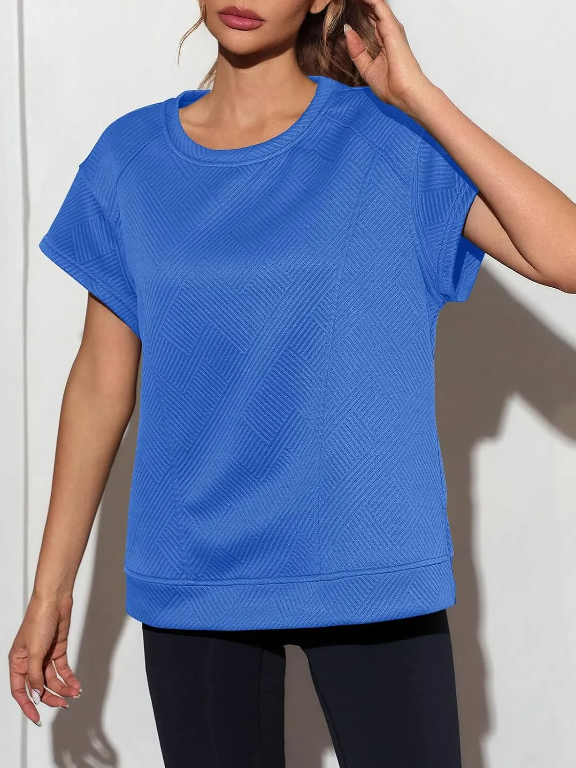 Fisoew Women's Oversized Sweatshirt Casual Textured Short Cap Sleeve Crewneck Loose Workout Summer Tops