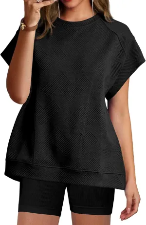 Fisoew Women's Oversized Sweatshirt Casual Textured Short Cap Sleeve Crewneck Loose Workout Summer Tops
