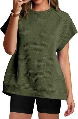 Fisoew Women's Oversized Sweatshirt Casual Textured Short Cap Sleeve Crewneck Loose Workout Summer Tops