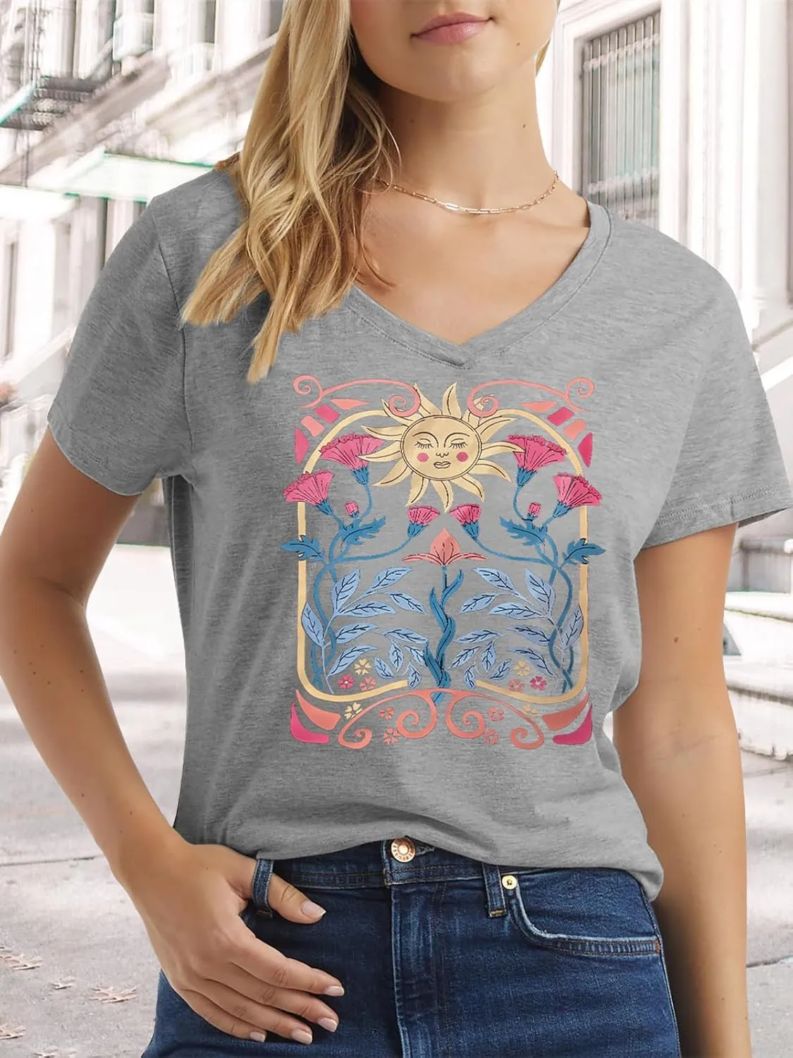Flower Kindly Shirt for Women Funny Wildflower Plant T-Shirt Bohemian Summer Vacation V Neck Tops