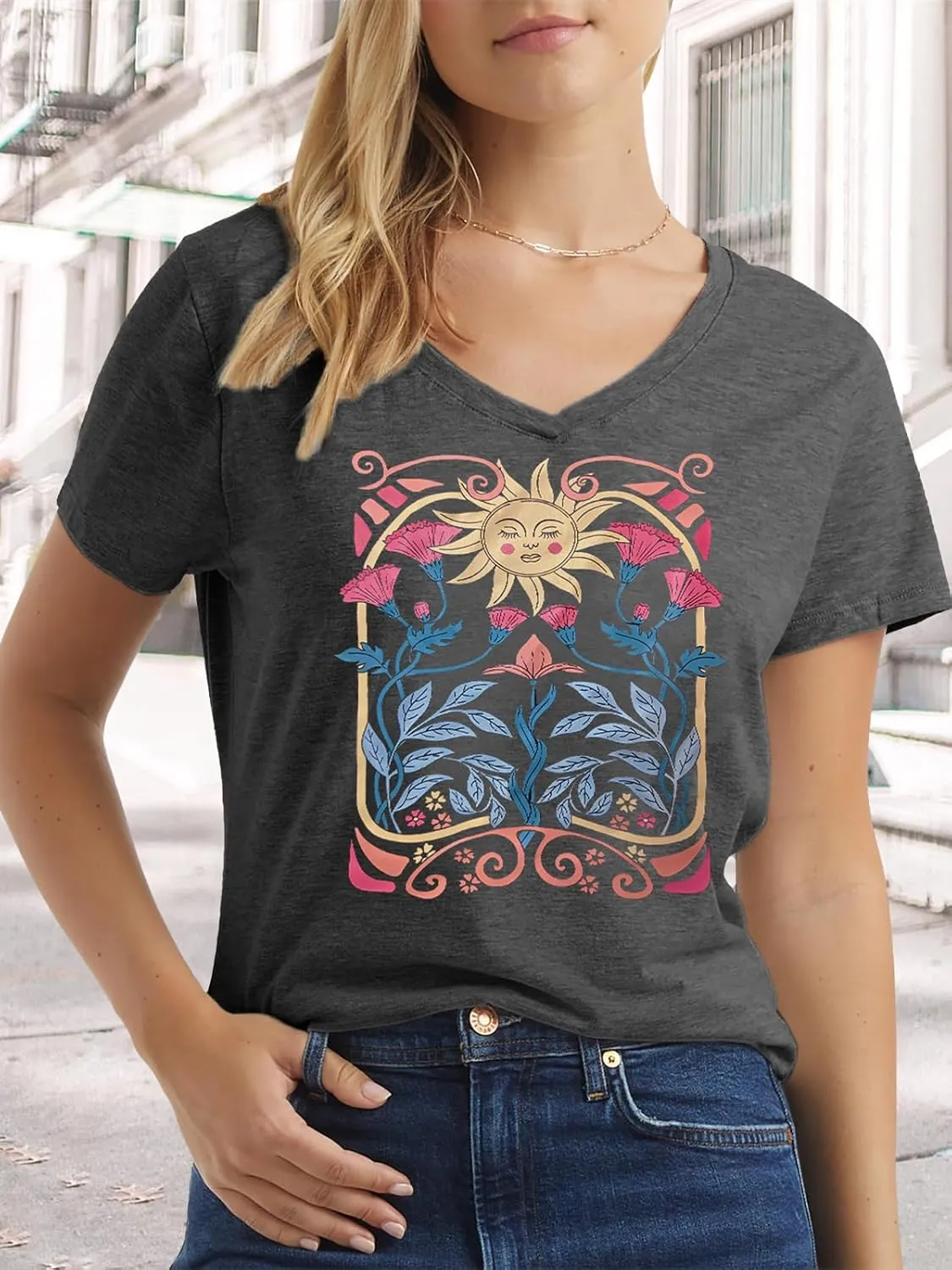 Flower Kindly Shirt for Women Funny Wildflower Plant T-Shirt Bohemian Summer Vacation V Neck Tops