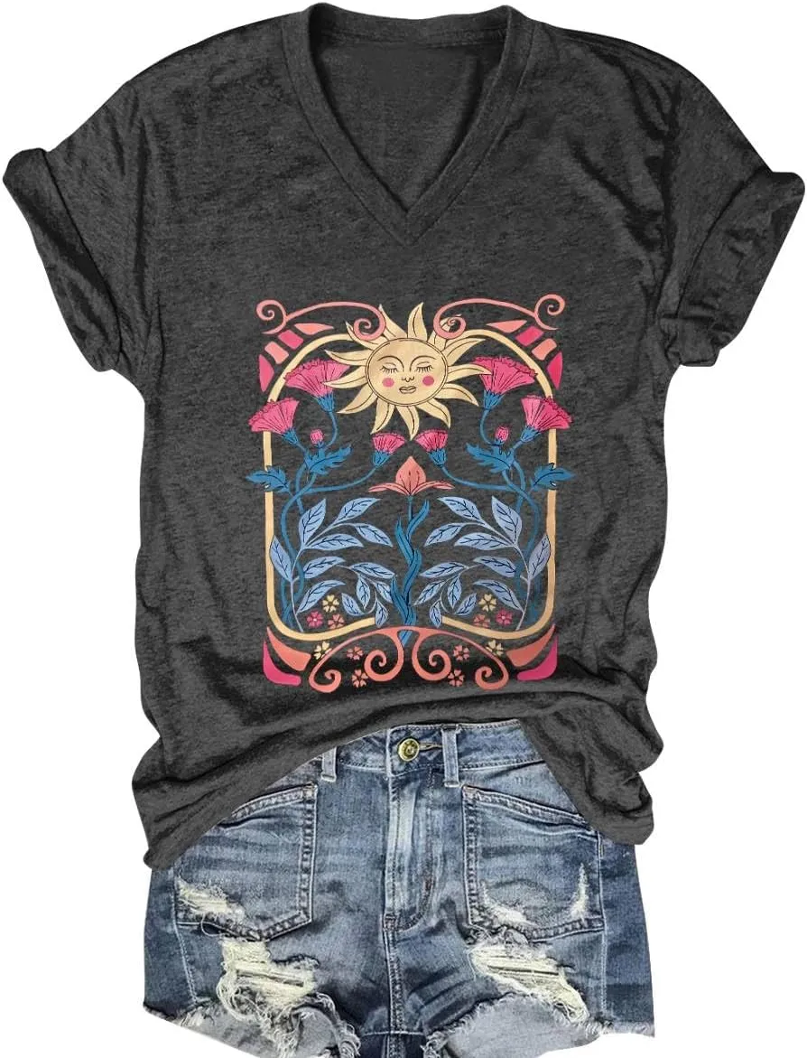 Flower Kindly Shirt for Women Funny Wildflower Plant T-Shirt Bohemian Summer Vacation V Neck Tops