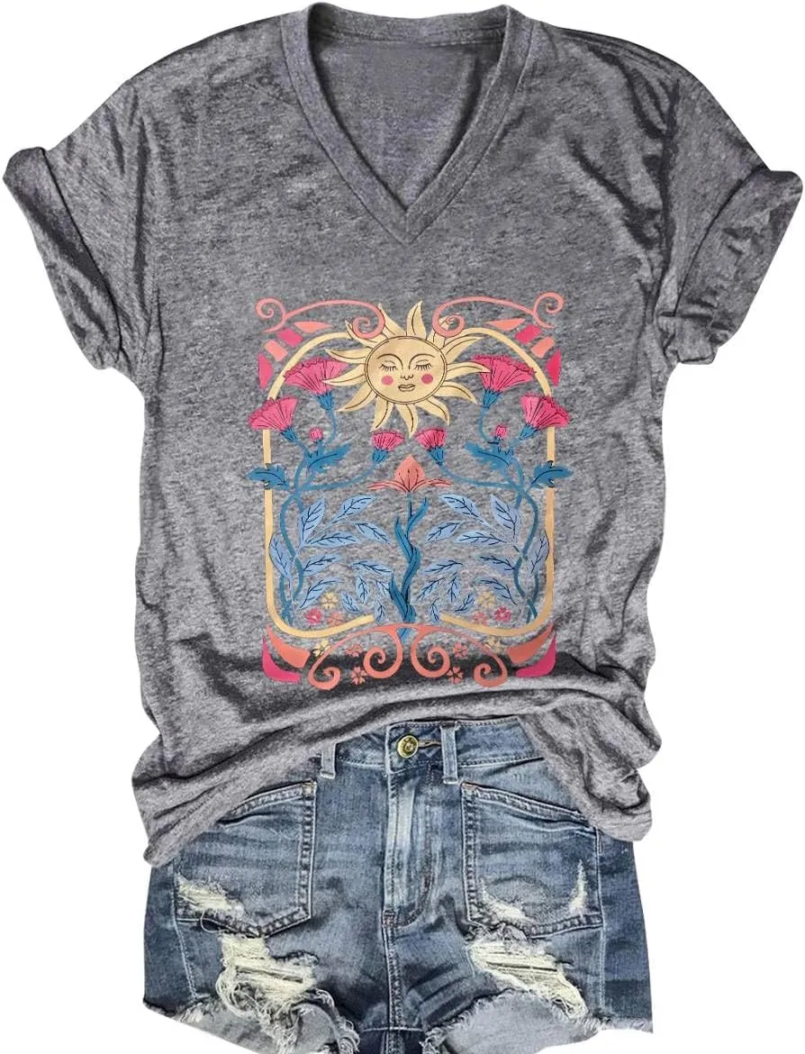 Flower Kindly Shirt for Women Funny Wildflower Plant T-Shirt Bohemian Summer Vacation V Neck Tops