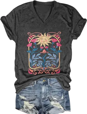 Flower Kindly Shirt for Women Funny Wildflower Plant T-Shirt Bohemian Summer Vacation V Neck Tops