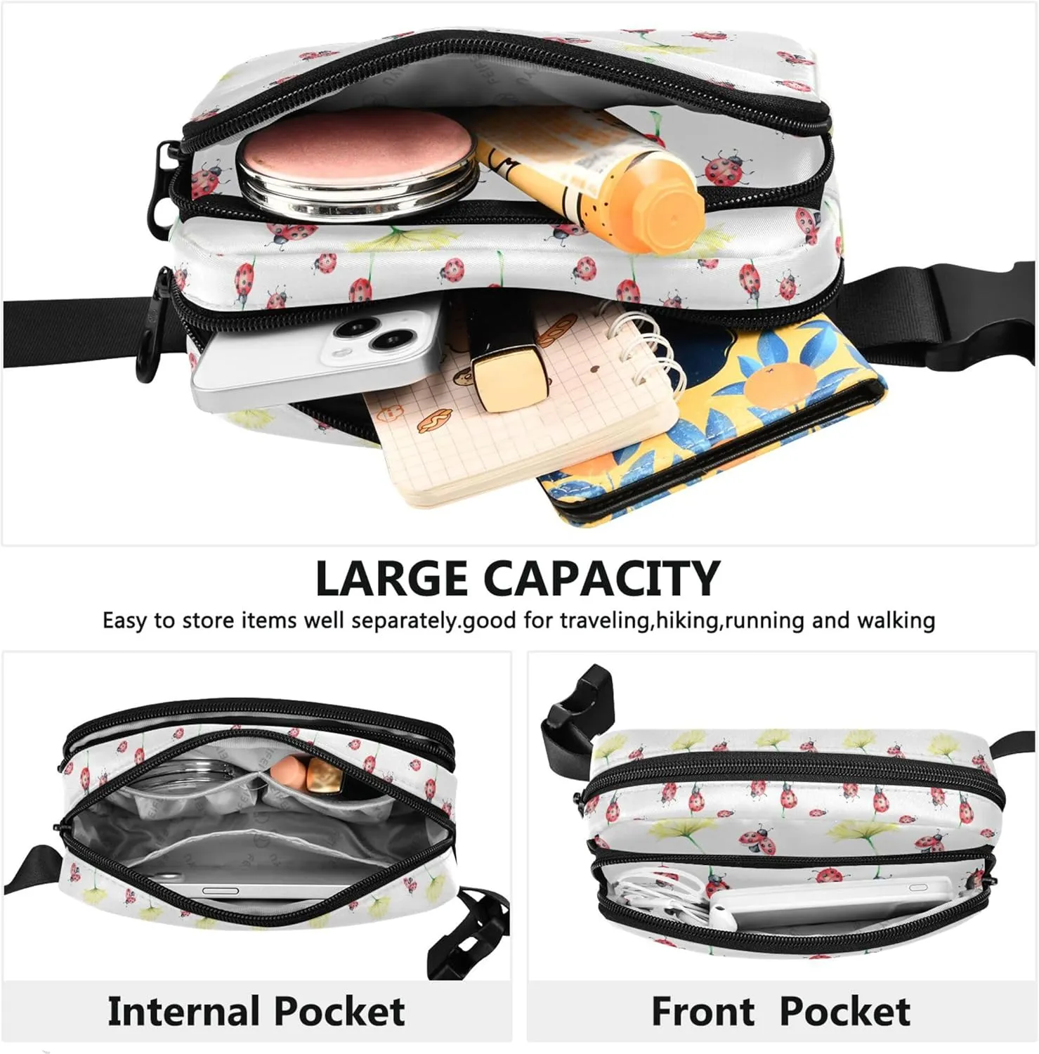 Flowers Lady Bird Animal Fanny Packs Women Colorful Belt Bag Hip Pack Waterproof Travel Waist Pouch
