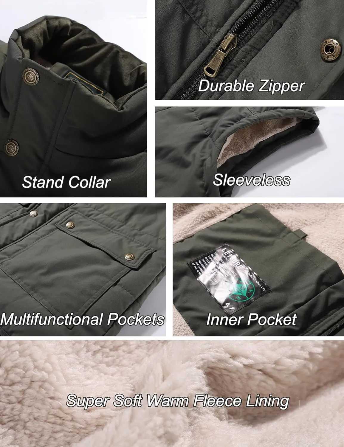 Flygo Men's Winter Warm Outdoor Padded Puffer Vest Thick Fleece Lined Sleeveless Jacket