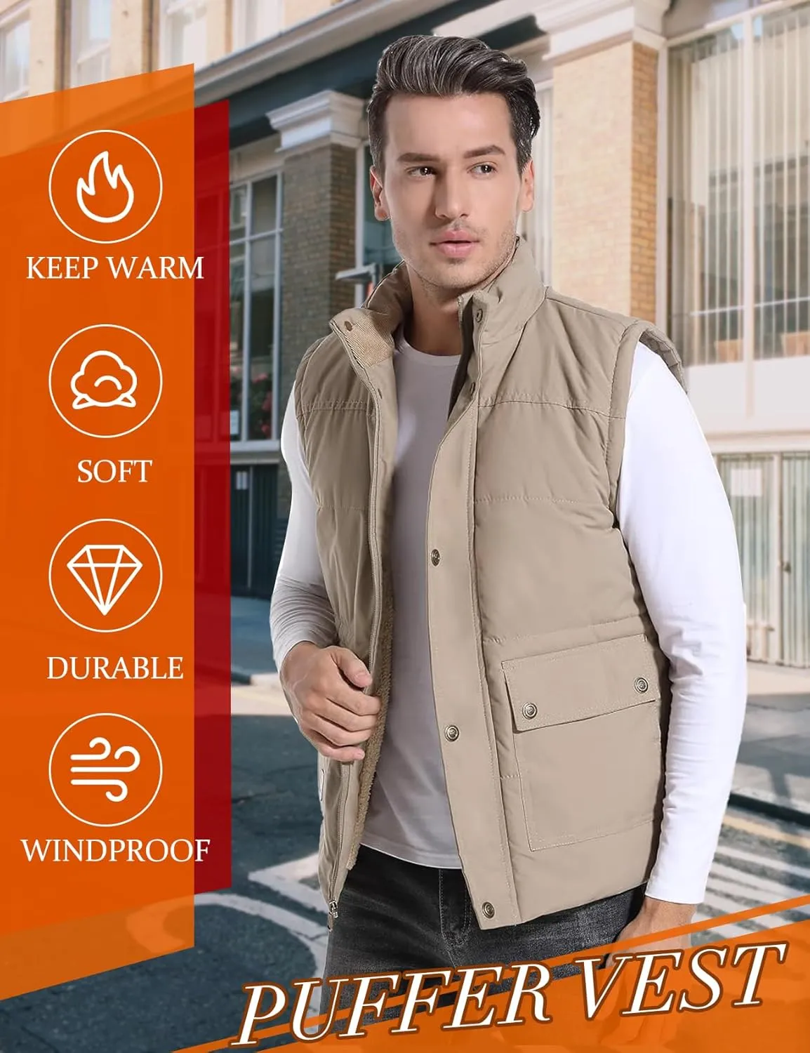 Flygo Men's Winter Warm Outdoor Padded Puffer Vest Thick Fleece Lined Sleeveless Jacket