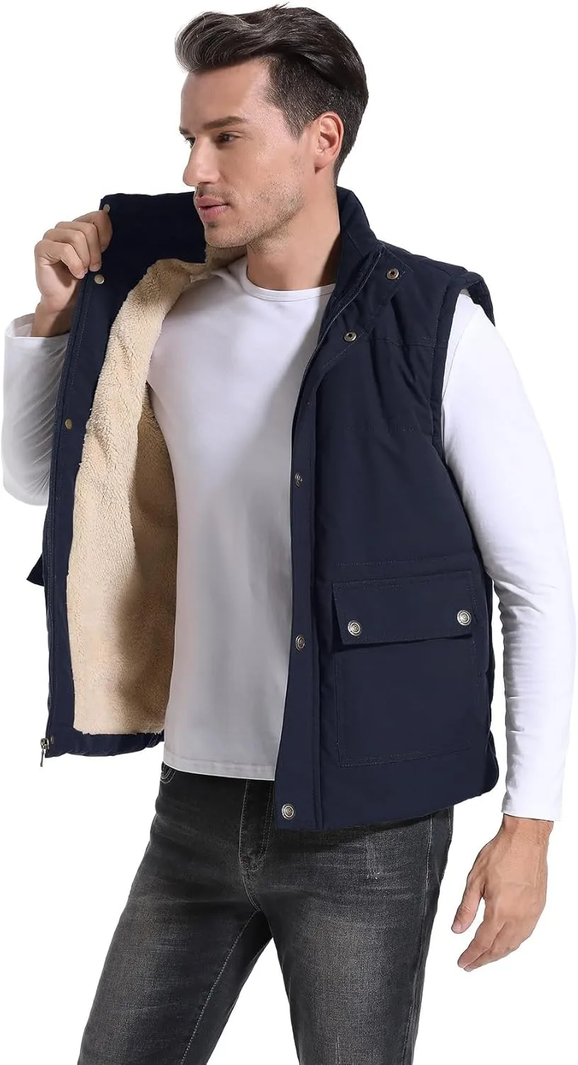 Flygo Men's Winter Warm Outdoor Padded Puffer Vest Thick Fleece Lined Sleeveless Jacket
