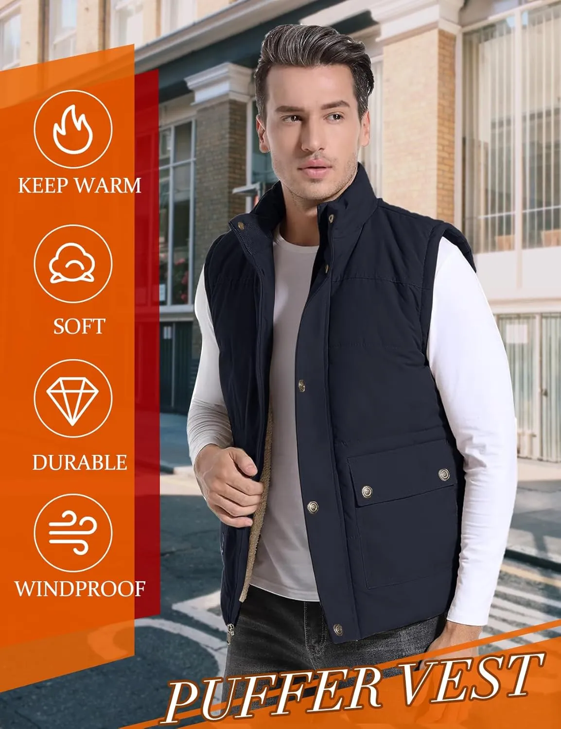 Flygo Men's Winter Warm Outdoor Padded Puffer Vest Thick Fleece Lined Sleeveless Jacket