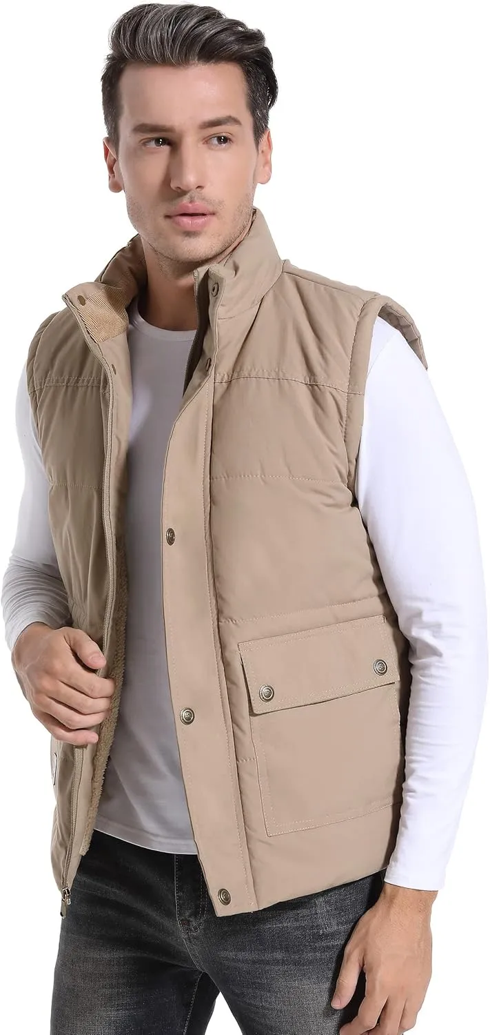 Flygo Men's Winter Warm Outdoor Padded Puffer Vest Thick Fleece Lined Sleeveless Jacket