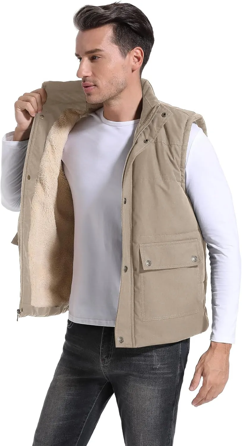 Flygo Men's Winter Warm Outdoor Padded Puffer Vest Thick Fleece Lined Sleeveless Jacket