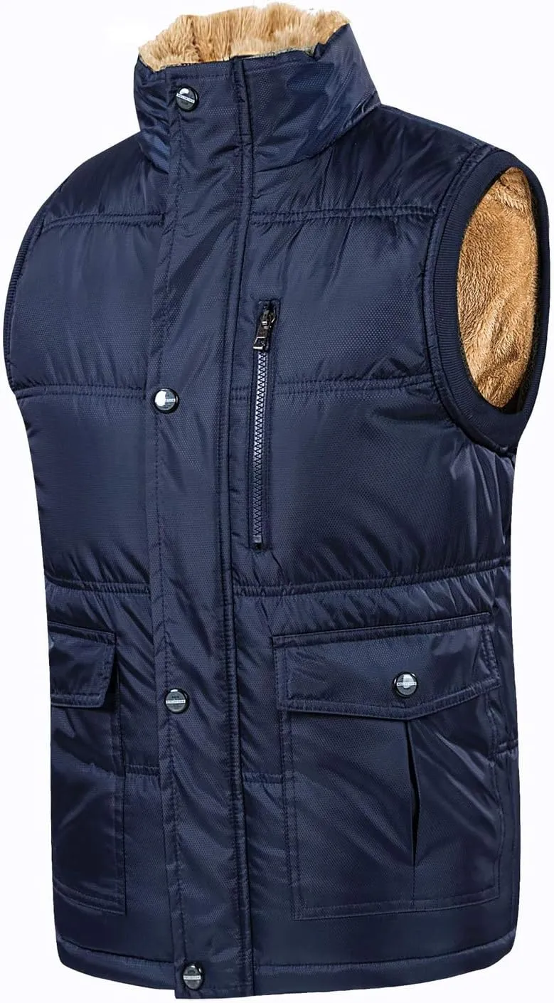 Flygo Men's Winter Warm Outdoor Padded Puffer Vest Thick Fleece Lined Sleeveless Jacket