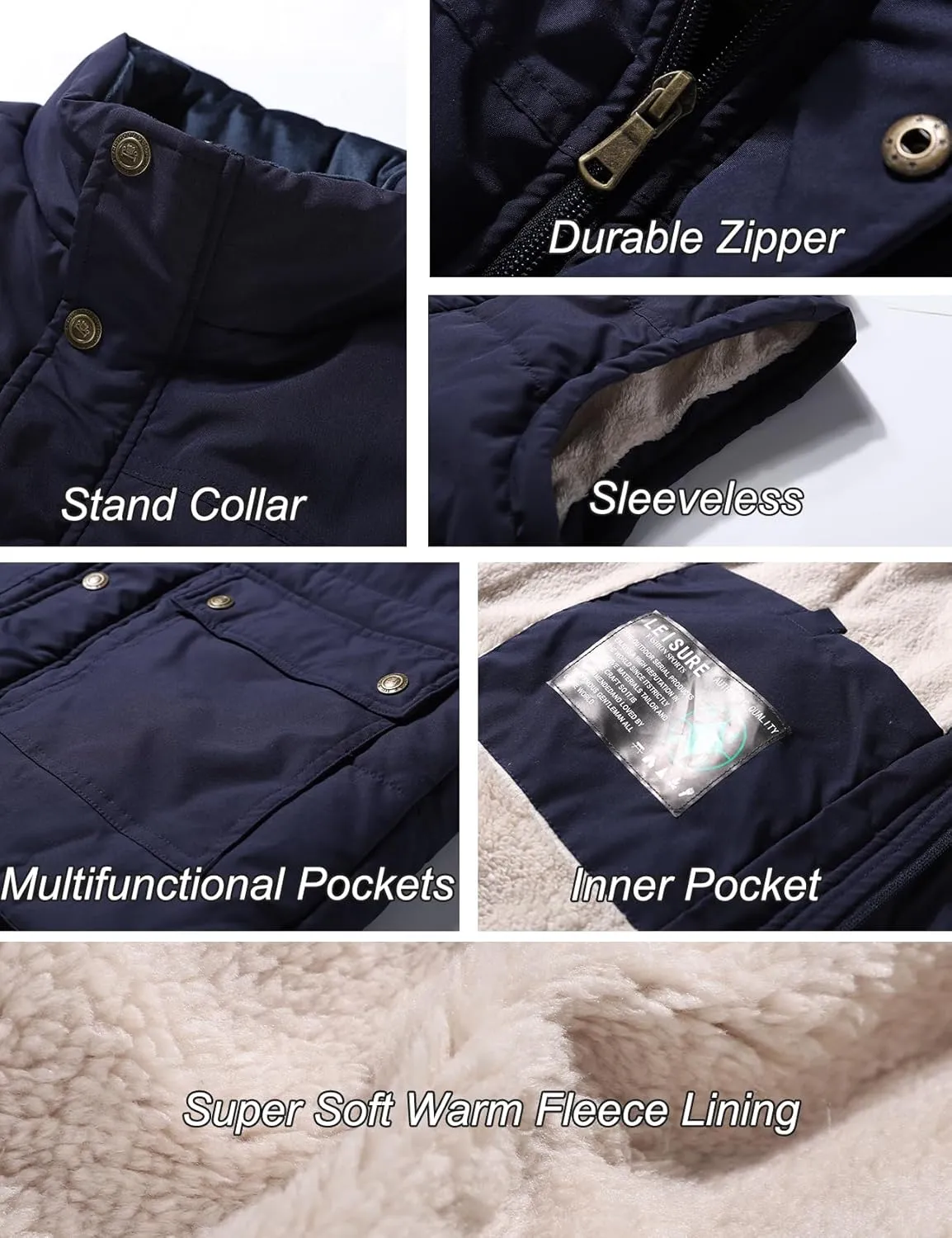 Flygo Men's Winter Warm Outdoor Padded Puffer Vest Thick Fleece Lined Sleeveless Jacket