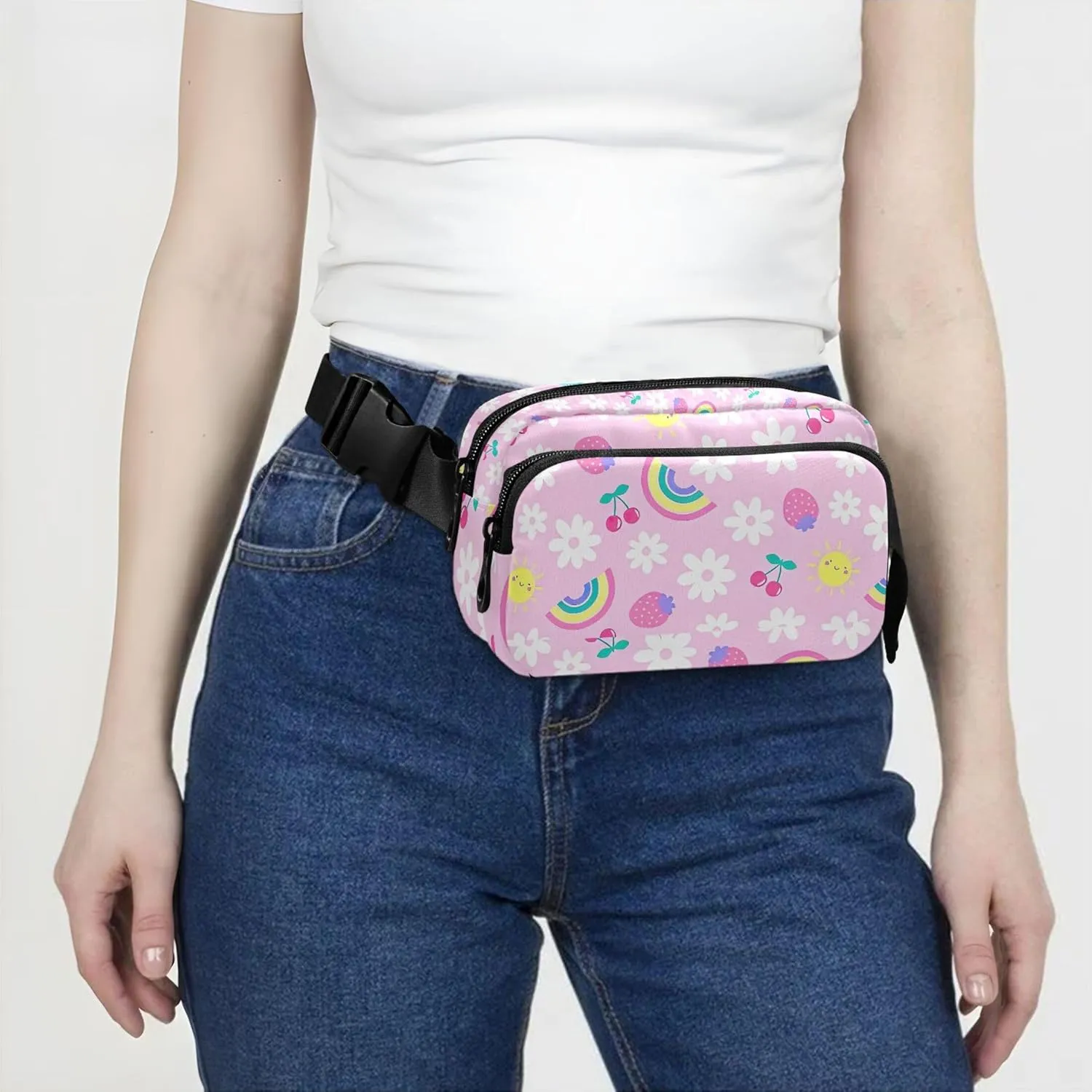 Fruit Daisy Flower Rainbow Pink Fanny Packs Women Hip Bag Belt Pouch Waterproof Bright Color Waist Pouches for Men