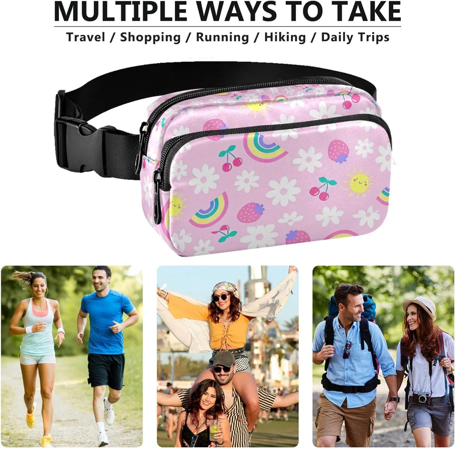 Fruit Daisy Flower Rainbow Pink Fanny Packs Women Hip Bag Belt Pouch Waterproof Bright Color Waist Pouches for Men