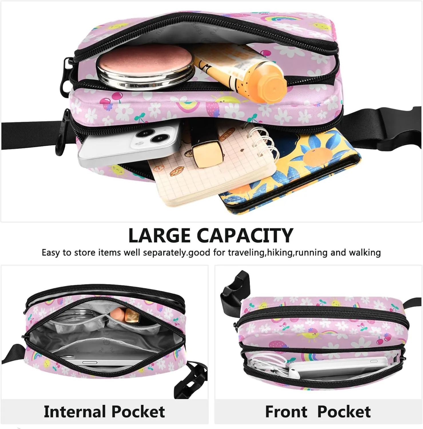 Fruit Daisy Flower Rainbow Pink Fanny Packs Women Hip Bag Belt Pouch Waterproof Bright Color Waist Pouches for Men