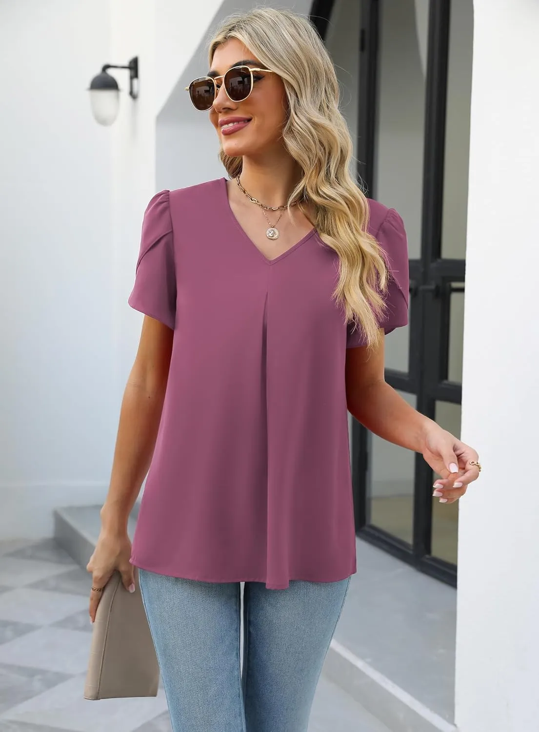 Funlingo Women's Summer Tops Short Sleeve Dressy Chiffon Blouses V Neck Work Tunic Tops Casual Loose T-Shirts