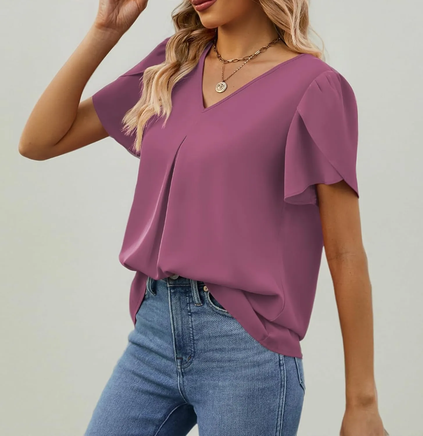 Funlingo Women's Summer Tops Short Sleeve Dressy Chiffon Blouses V Neck Work Tunic Tops Casual Loose T-Shirts