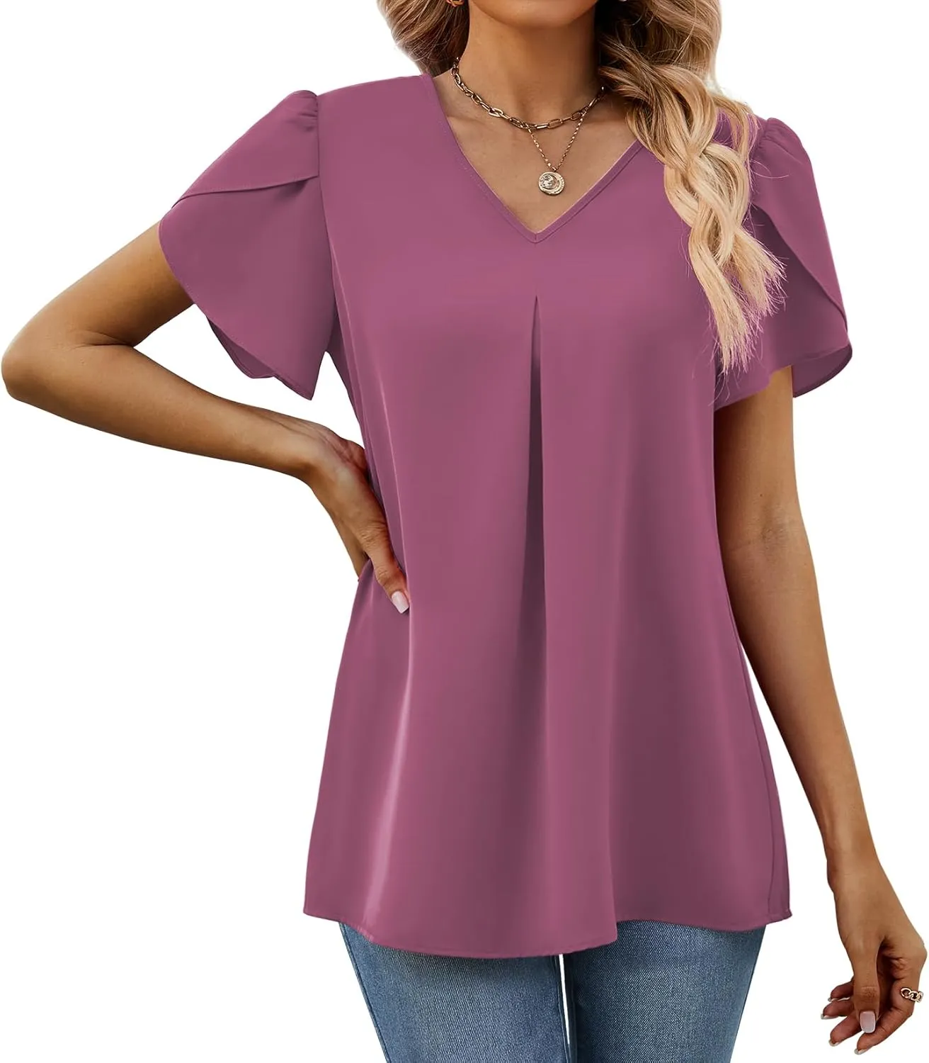 Funlingo Women's Summer Tops Short Sleeve Dressy Chiffon Blouses V Neck Work Tunic Tops Casual Loose T-Shirts