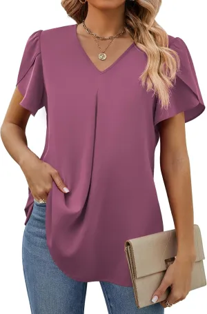 Funlingo Women's Summer Tops Short Sleeve Dressy Chiffon Blouses V Neck Work Tunic Tops Casual Loose T-Shirts
