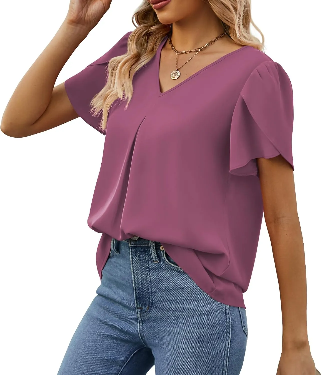 Funlingo Women's Summer Tops Short Sleeve Dressy Chiffon Blouses V Neck Work Tunic Tops Casual Loose T-Shirts
