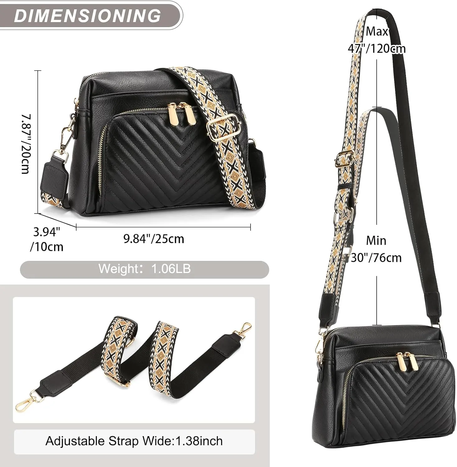 GAEKEAO Quilted Crossbody Bags for Women Vegan Leather Purses with Wide Strap,Women's Crossbody Travel Purse Built in Wallet