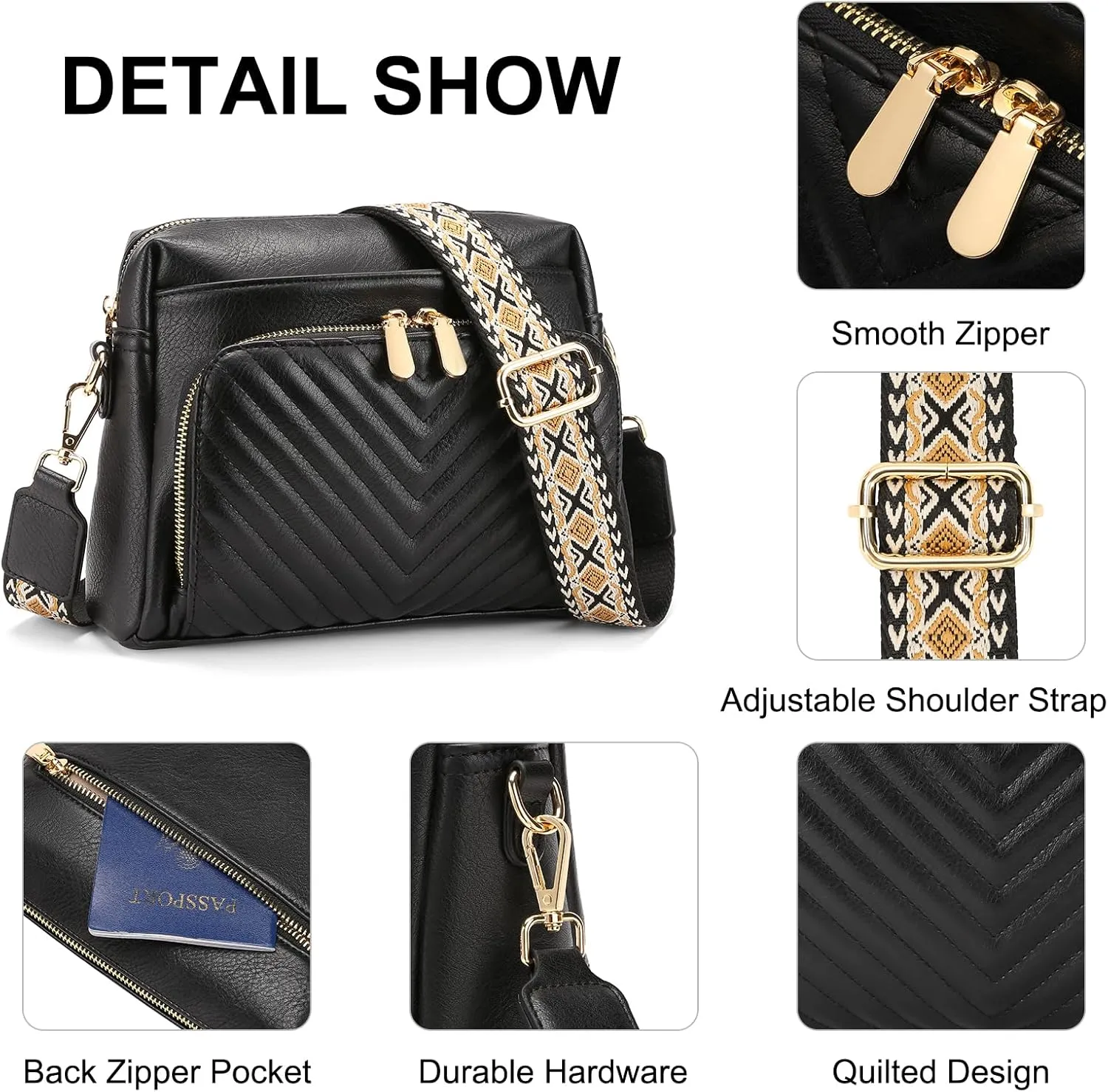 GAEKEAO Quilted Crossbody Bags for Women Vegan Leather Purses with Wide Strap,Women's Crossbody Travel Purse Built in Wallet