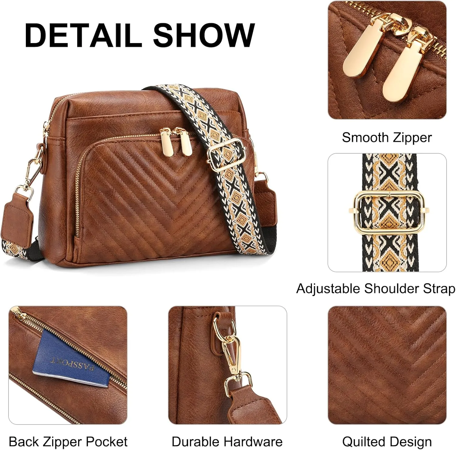 GAEKEAO Quilted Crossbody Bags for Women Vegan Leather Purses with Wide Strap,Women's Crossbody Travel Purse Built in Wallet