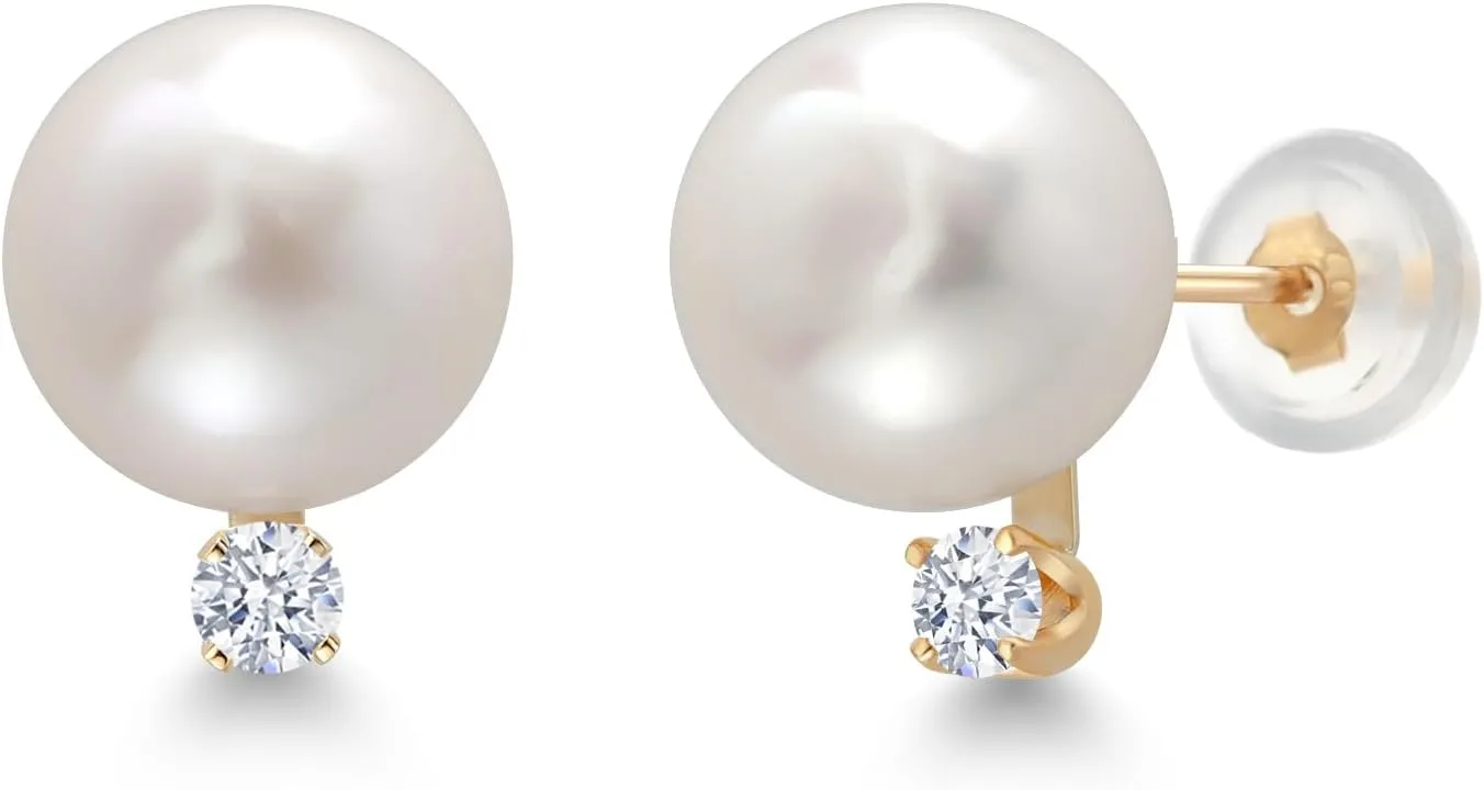Gem Stone King 14K Yellow Gold Cultured Freshwater Pearls and White Zirconia Stud Earrings For Women | Pearl: 6.5MM | Zirconia: 0.10 Cttw | Round 2.5MM
