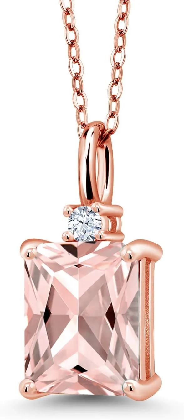 Gem Stone King 18K Rose Gold Plated Silver Peach Nano Morganite and White Created Sapphire Pendant Necklace For Women | 2.04 Cttw | Gemstone Birthstone | Emerald Cut 9X7MM | With 18 Inch Silver Chain