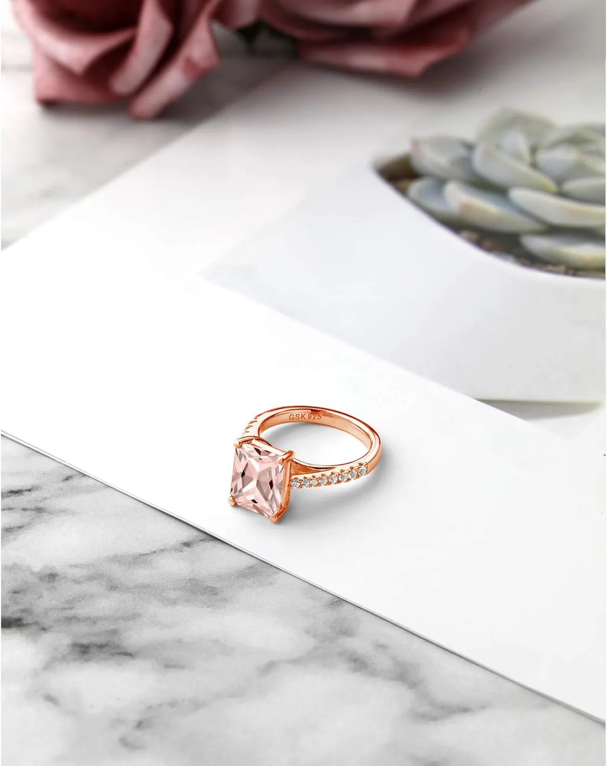Gem Stone King 18K Rose Gold Plated Silver Peach Simulated Morganite and White Created Sapphire Ring For Women (3.46 Cttw, Available in size 5, 6, 7, 8, 9)