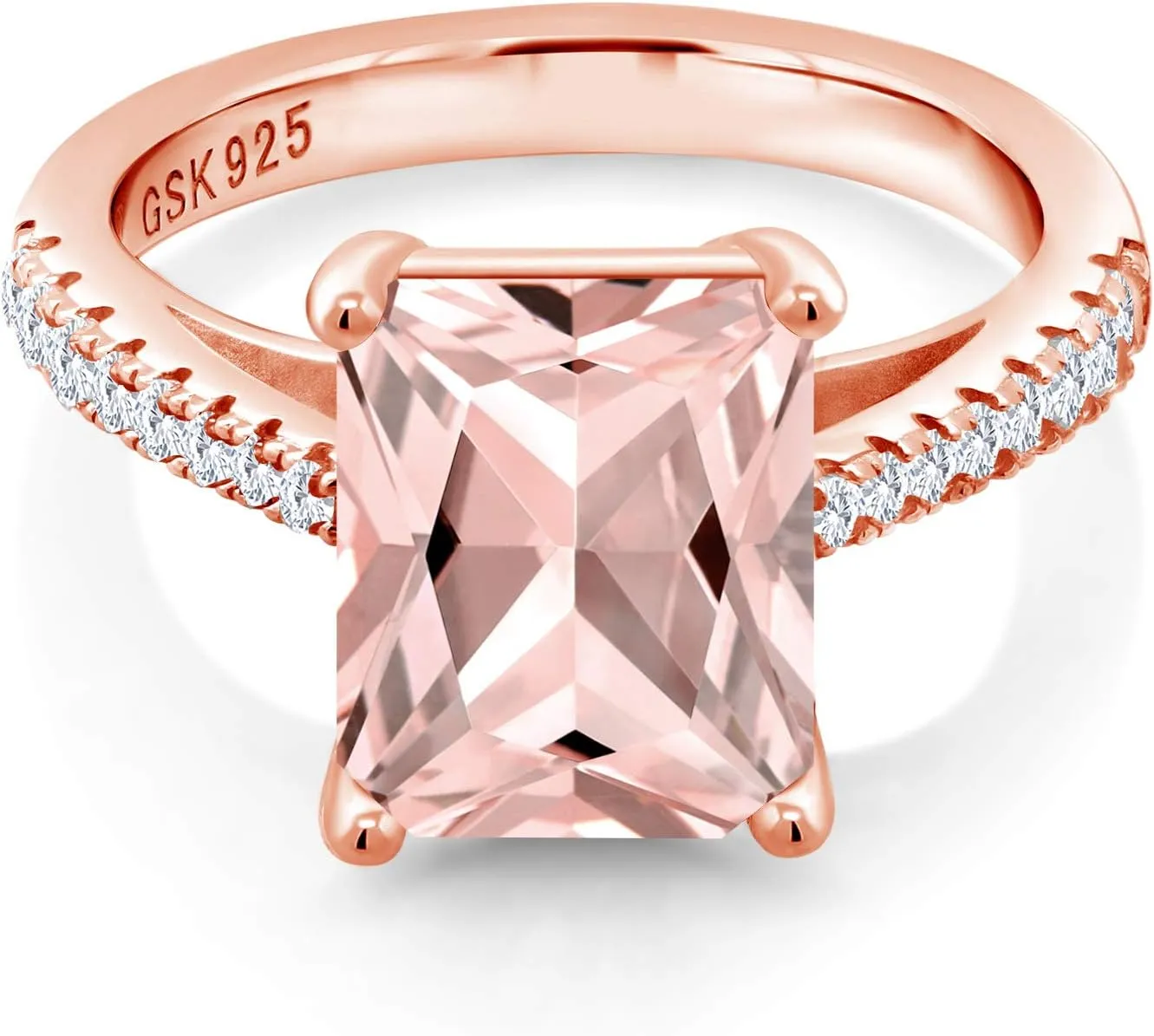Gem Stone King 18K Rose Gold Plated Silver Peach Simulated Morganite and White Created Sapphire Ring For Women (3.46 Cttw, Available in size 5, 6, 7, 8, 9)