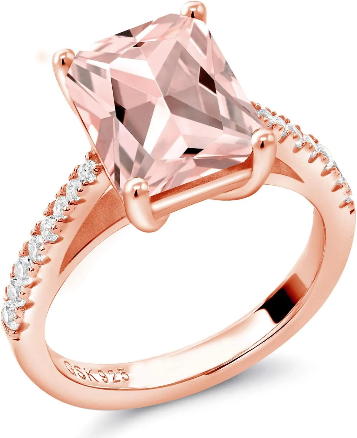 Gem Stone King 18K Rose Gold Plated Silver Peach Simulated Morganite and White Created Sapphire Ring For Women (3.46 Cttw, Available in size 5, 6, 7, 8, 9)
