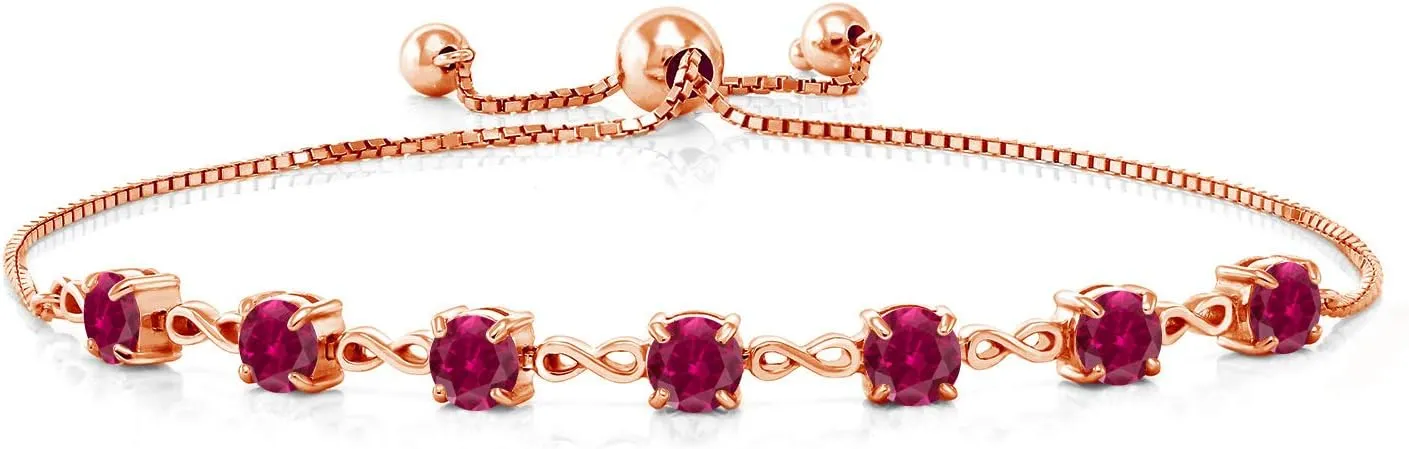 Gem Stone King 18K Rose Gold Plated Silver Red Created Ruby Infinity Tennis Bracelet For Women (2.80 Cttw, Gemstone July Birthstone, Round 4.5MM, Fully Adjustable Up to 9 Inch)