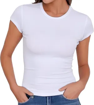 GEMBERA Womens' Stretchy Ribbed High Neck Short Sleeve Gym Workout Slim Fitted Casual Full Length Top T-Shirt
